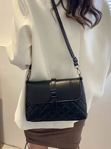 Fashionable Women Quilted Rhombus Pattern Crossbody Bag - Black - View 4