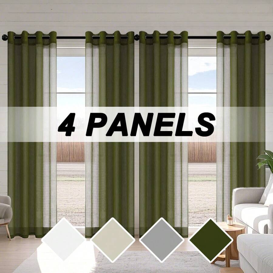 DWCN 4pcs Sheer Curtains Linen Look Semi Transparent Voile Grommet White Curtains For Living Dining Room - 軍綠色 - 查看 1