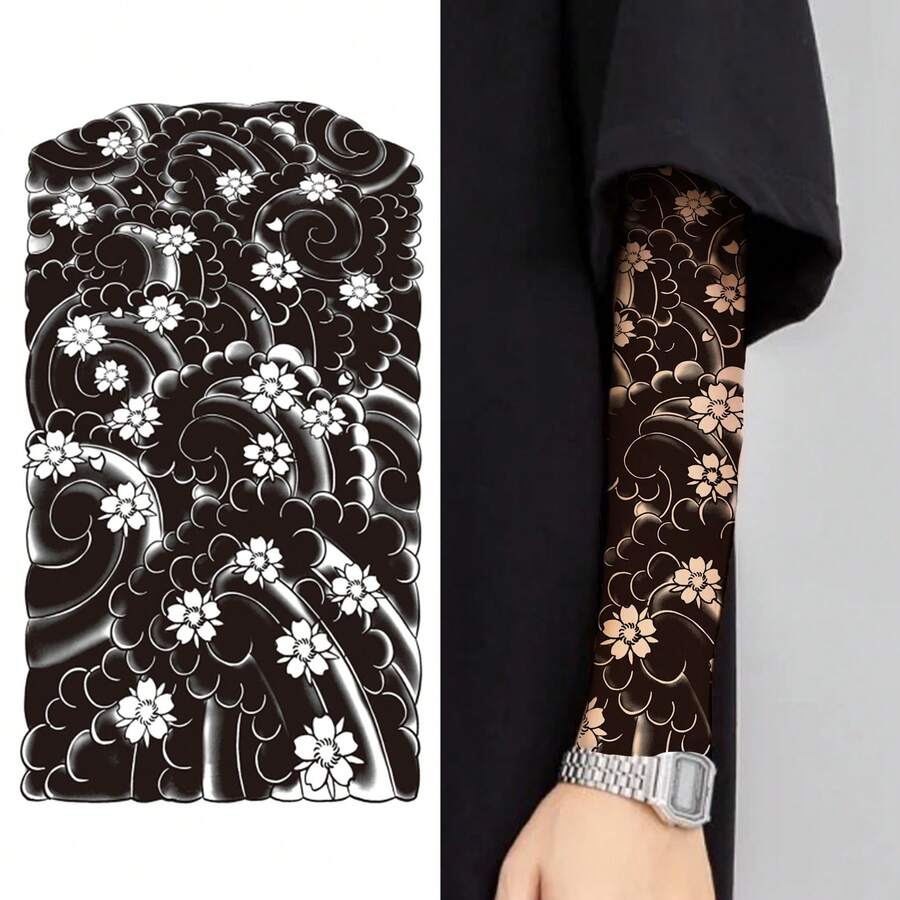 1 片大号半袖草本临时纹身贴纸，防水持久花卉手臂纹身 - 黑色 - 查看 1