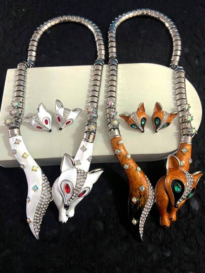Vintage Fox Ear Stud & Heavy Necklace Set, Creative Personalized Jewelry, European And American Style