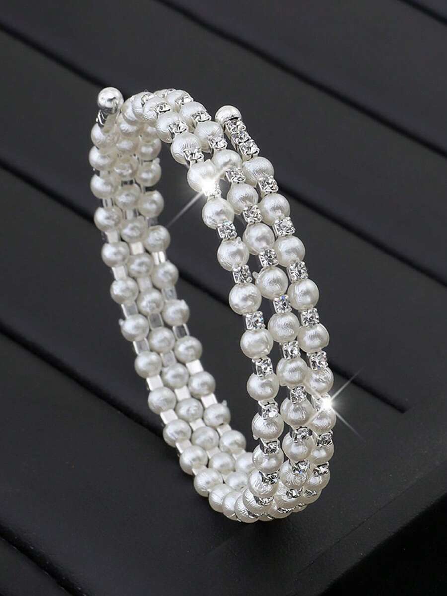 1pc Multi-Layer Faux Pearl & Rhinestone Decor Bracelet