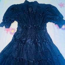 Women's Fashion Midi Dress In 3D Laise Fabric With Elastex On The Back And Button On The Front And Lining - 藏蓝色 - 查看 3