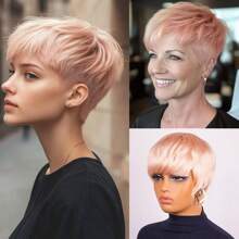 Meat Pink Color Short Straight Pixie Bob Brazilian Remy Human Hair Wig For Women In Coral Pink Glueless Design Layered Pixie Human Hair Perfect For Cosplay.180% Density 4 Inch