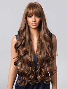女士时尚棕色长卷发假发 - 哑光饰面，高密度合成发丝，玫瑰网帽，适合女性日常聚会、圣诞节、婚礼