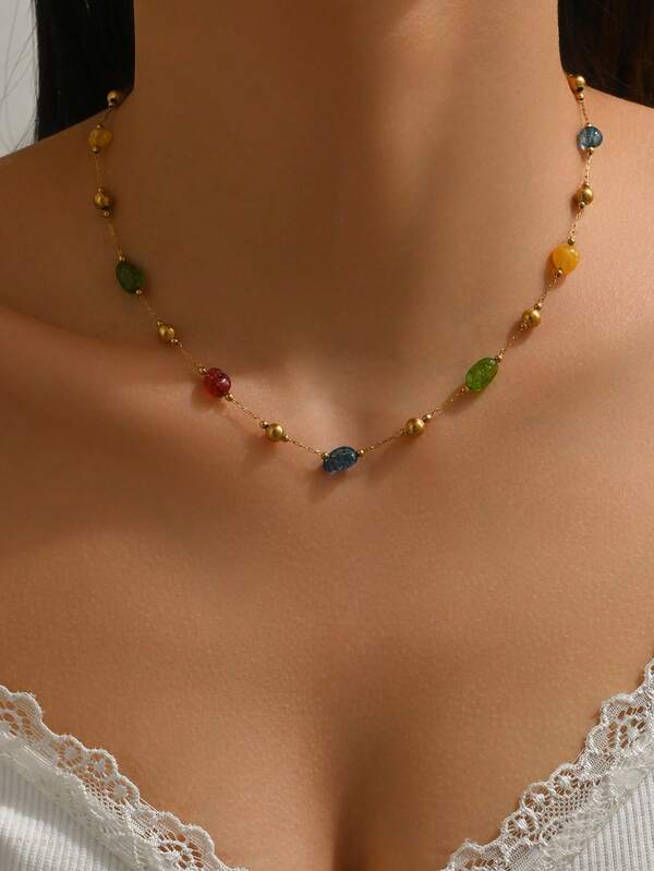 1pc Colorful Beaded Stainless Steel Necklace With Dopamine Color Design, Suitable For Women's Daily Wear Or Evening Party, Can Be Given As A Holiday Gift For Mothers