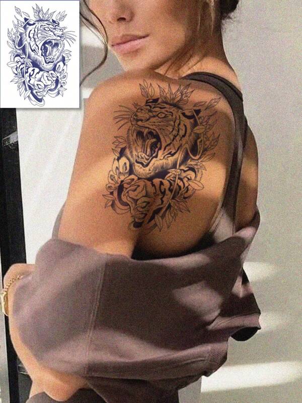 1 adesivo temporário de tatuagem de tigre à base de ervas, tatuagem semipermanente à prova d'água e suor, tatuagem falsa descartável de tigre sexy e estilosa, arte corporal dura 2 semanas, adequada para homens e mulheres, pode cobrir cicatrizes, pode ser usada nas pernas, costas, peito, cintura, tornozelo, braço e clavícula, dura de 7 a 14 dias