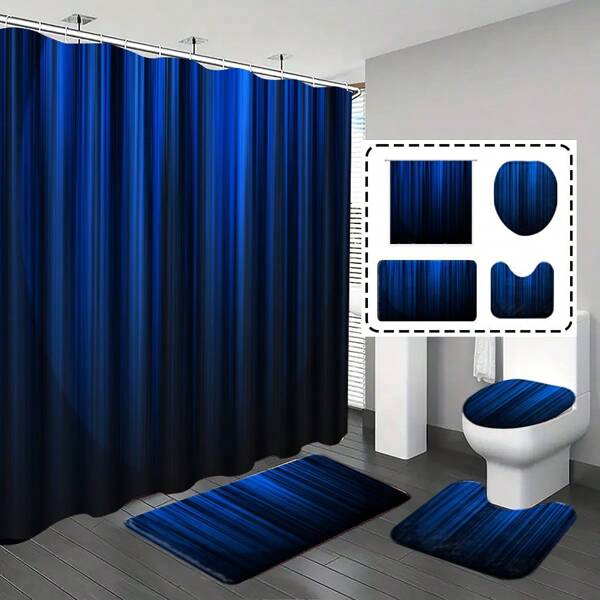 1 pezzo/4 pezzi Set tenda da doccia per il bagno, tenda da doccia, decorazione per il bagno, tappeto da bagno, decorazione per la casa, tappetino da bagno, motivo a righe blu, decorazione a tema stagionale, regalo per matrimoni/festa della mamma, set da bagno di lusso classico, include 12 ganci, accessori per il bagno estivo back to school