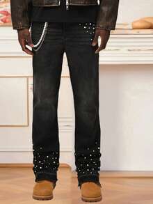 Men Pearl Jeans Fashion Casual High Waist Straight Leg Denim Pants With Pockets - Black - View 2