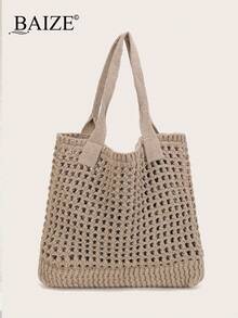 ENBEI Large Capacity Hollow Out Handmade Crochet Shopping Bag, Teacher Gifts And Mother's Day Gift For Mom School Bag,Holiday Essentials, Large Capacity, Lightweight, Portable, Classic Casual, Suitable For Teen Girls Women College Students Vacation, Holiday, Outdoors, Travel, Outings, Beach Purse, Perfect For Summer, Vacation & Daily Use, Travel Must Haves,Khaki And Beige Shoulder Bags, Tote Bags,Shopping Bags - Khaki - View 2