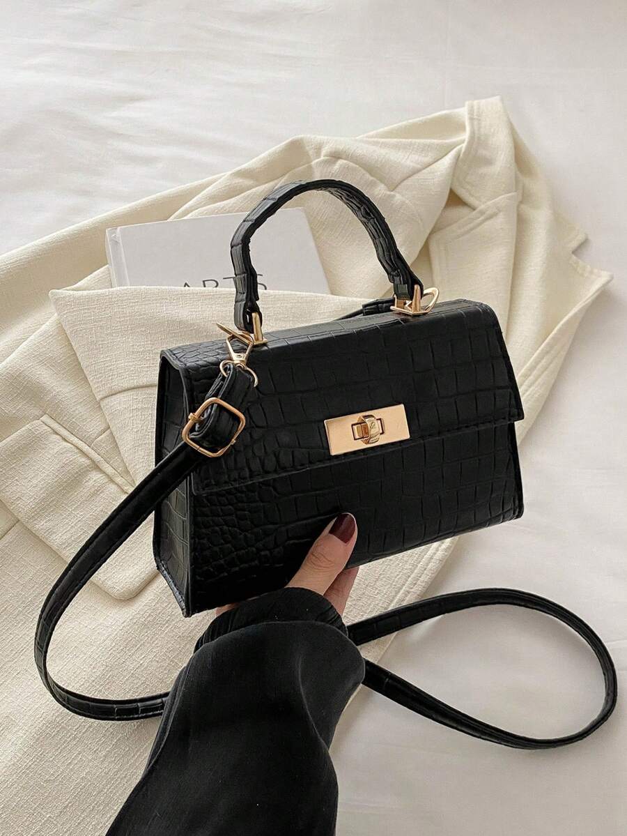 Mini Crocodile Grain Flap Handbag, Tote/Crossbody/Shoulder Bag, Minimalist Solid Color, Portable & Lightweight, Adjustable Strap, Suitable For Women, Young Professionals & Office Ladies, Ideal For Office, Work, Business, Commuting - Black - View 1