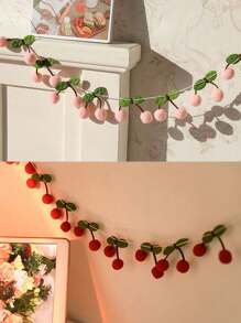 1pc-Cherry Garland Decoration, Cherries Birthday Decoration Pompom, Cherry Plush Ball, DIY Threading Banner, Bedroom Wall Decoration Hanging, Holiday Party Room And Wall Decoration, Mother's Day Graduation