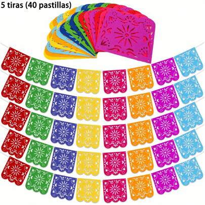 Set de 5 Guirnaldas de fieltro mexicanas (40 piezas), decoración colorida para fiesta del Día de los Muertos, decoración para fiesta de cumpleaños, guirnalda del Día de los Muertos, bandera de Cinco de Mayo, decoración mexicana, decoración para boda