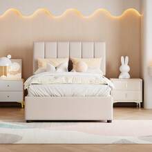 Upholstered Single Bed 90 X 200 Cm, Youth Bed, Bed With Storage Space, Wooden Slatted Base, Headboard With Storage Compartment, Beige Linen Fabric (2 Packs) - Màu be - Xem 3