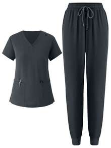 (Four-Piece Set) Scrubs Uniform Women's Running Matte Elastic Sports Nurse  Uniform Wash Clothes Work Clothes Breathable Scrub Shirt - Xám - Xem 7