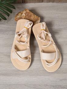 Women's Simple & Fashionable White Flat Roman Sandals, Comfortable Non-Slip Linen Sole, Suitable For Resort, Hawaii Beach, Summer - Beige - View 5