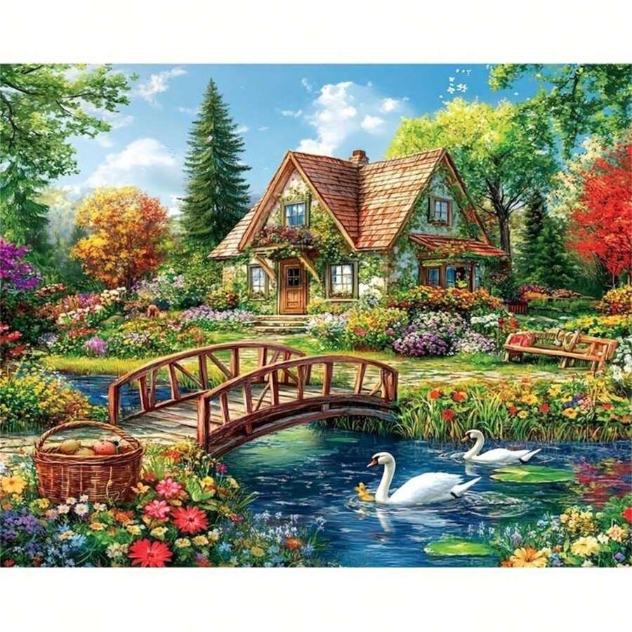 Kit de pintura de diamantes 5D - Lienzo con diamantes redondos incrustados, tema de cabaña y jardín pacífico con animales, juego de manualidades DIY para decoración de pared del hogar, selección de múltiples especificaciones