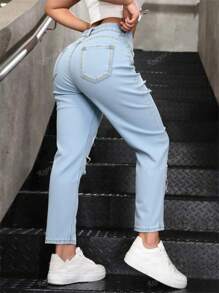 1 pieza pantalon de mom,rigido con rotos para mujer