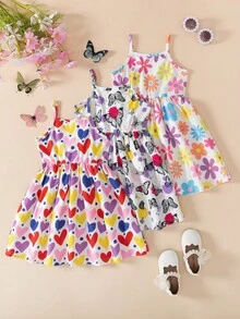 3pcs/Set Young Girls Casual Sports Style Knit Slip Dress With Random Printed Pattern, Suitable For Daily, Home & Outdoor Use, Spring/Summer - Multicolor - View 2