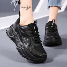 Women's Casual Sports Shoes, Mesh Breathable Reflective Lace-Up Soft Sole Comfortable Thick Sole Anti-Slip Increase Height Retro Chunky Sneakers,Lightweight Low-Top Outdoor Hiking Walking Running Shoes - Black - View 3