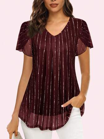 CheersLife Damtröjor Kortärmade skjortor Casual V-ringad blus Dubbla lager Mesh tunikor Toppar