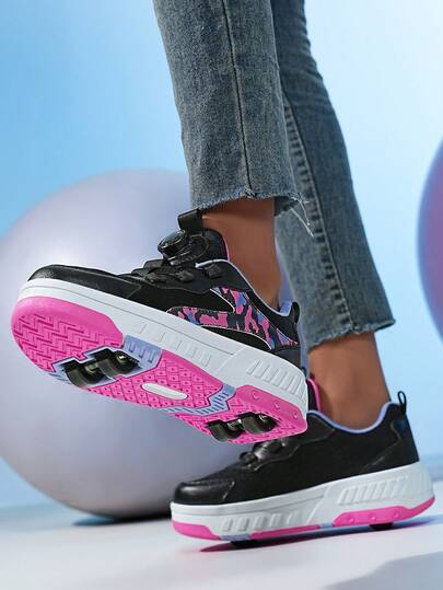 男女通用青少年四轮运动鞋，配有可拆卸轮子和钩环带，可提高稳定性，适合男孩和女孩，春夏季