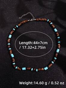1 Vintage Boho Style Wood Grain & Turquoise Beaded Necklace For Men, Daily Jewelry