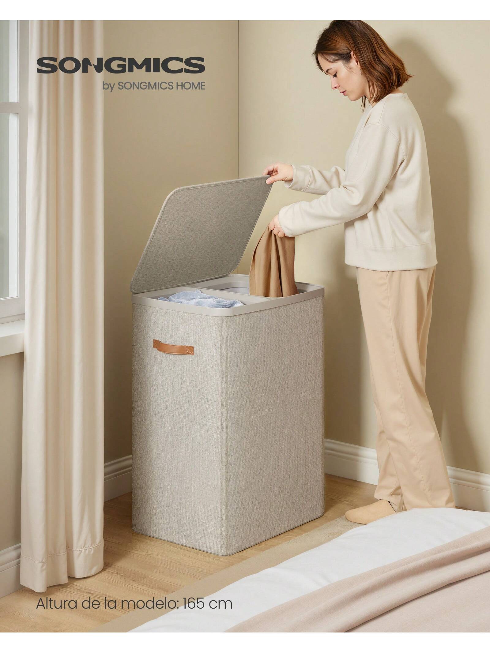 SONGMICS Cesto para la Ropa Sucia, Bolsa de Basura de 170 L, 2 Compartimentos, Fácil Montaje, con Asas para la Tapa, Bolsa Interior Extraíble, 56 x 40 x 75 cm, Beige Capuchino