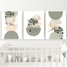 3pcs Bohemian Wall Arts Abstract Beige & Green Plant Eucalyptus Geometric Wall Art Posters, Green Medieval Modern Botanical Bohemian Wall Decor, Ideal Gift For Bedroom, Living Room, Hallway, Mint Green Geometric. Optional Frame