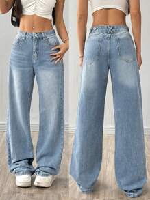 Mode Multi-Button Lichtblauwe Denim Casual Cowgirl Dames Lente En Zomer Losse Rechte Jeans
