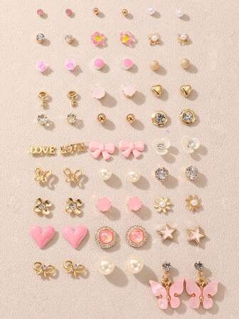 30pcs/Set Girls Mixed Color Cartoon Cute Earring Studs With Cherry, Butterfly, Flower, Heart Design, Minimalist, Fashion Earring Combo Set