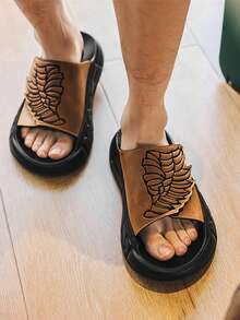 Men's Wing Pattern Leather Slippers, Chinese Style Slippers - Khaki - View 1