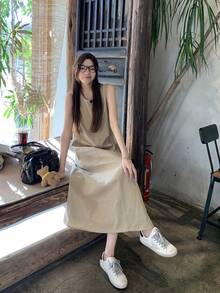 Vintage Casual Sleeveless High-End Elegant Loose Fitting Slimming Midi Dress