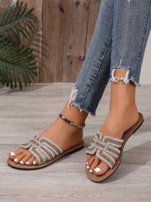 Casual Flat Slide Sandals For Women, Summer Woven Roman Slippers Open Toe Suitable For Dresses, Beaches, Daily Outfits, Brown