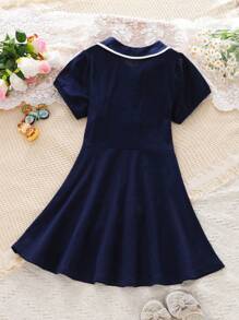 Vestido Casual de Escola Elegante e Bordado para Meninas Pré-Adolescentes, Vestido Atlético de Manga Curta com Colarinho e Modelagem A-line para Meninas Pequenas e Pré-Adolescentes, Novo Verão