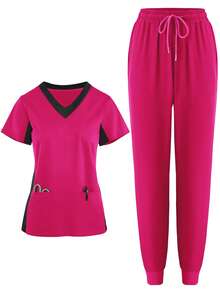 (Four-Piece Set) Scrubs Uniform Women's Running Matte Elastic Sports Nurse  Uniform Wash Clothes Work Clothes Breathable Scrub Shirt - 綠色 - 查看 3
