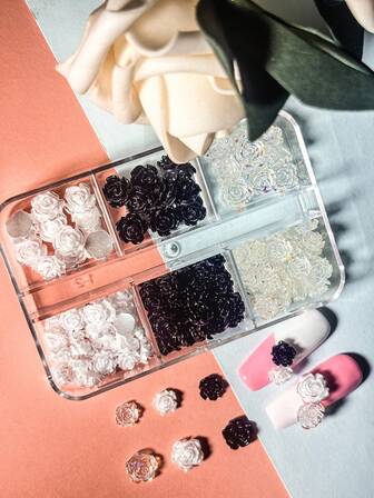 120Pcs 8Mm+6Mm Aurora Camellia Rose Nail Art Decoration Diy, Transparent/ White/Black Nail Accessories Three Color Mixed Pack, 3D Flat Bottom Easy To Paste, Suitable For Wedding, Vacation, Youth Day, Used For Nail Art Design Jewelry, Coffin Nails, French Almond Nails, Long And Short Nails, Oval Nails, Square Nails, Jewelry Crafts Design, Graduation Cap Design, Diy Mobile Phone Case Nail Supplies Nails Nail Charms Nail Gems