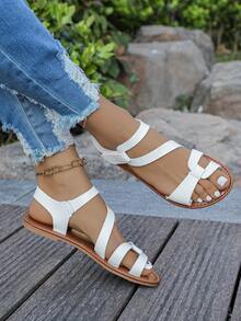 Sandalias de suela blanda, sandalias planas de verano con para adolescentes, zapatos ligeros y cómodos de unicolor con puntera redonda para uso en exteriores y playa - Blanco - Ver 4
