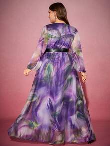 Plus Size Women's Random Floral Print Faux Leather Belted Crossed Neck Lantern Sleeve Elegant Long Dress - Purple - View 2