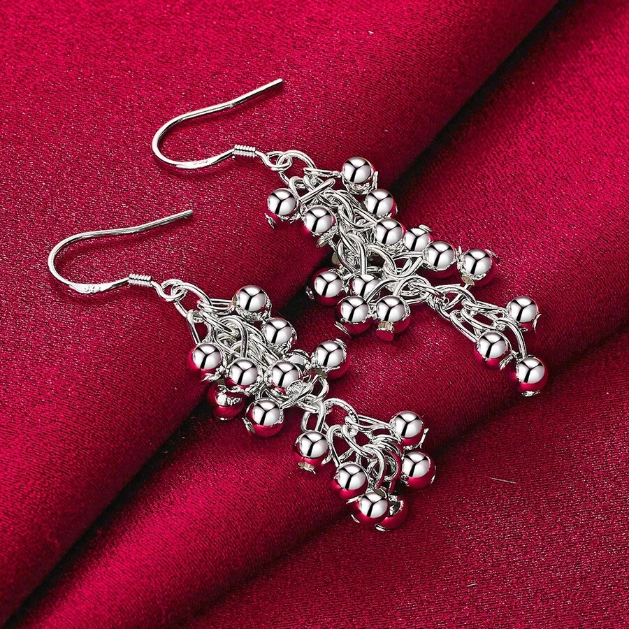 925纯银镀层光滑葡萄珠耳环 时尚女士魅力耳环 婚礼首饰 - 銀色 - 查看 1