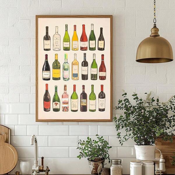 1 pezzo cartellone quadro di arte da muro della cucina con stampa su tela di bottiglie di vino senza cornice, grafica minimalista di diagramma vini per carrello bar, dipinto retrò per appartamento, soggiorno, sala da pranzo, decorazione moderna per la casa