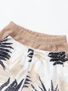 4 pezzi Set casual di moda per bambini maschi: canotta a collo rotondo a costine con stampa a foglia d'acero e tinta unita + pantaloni