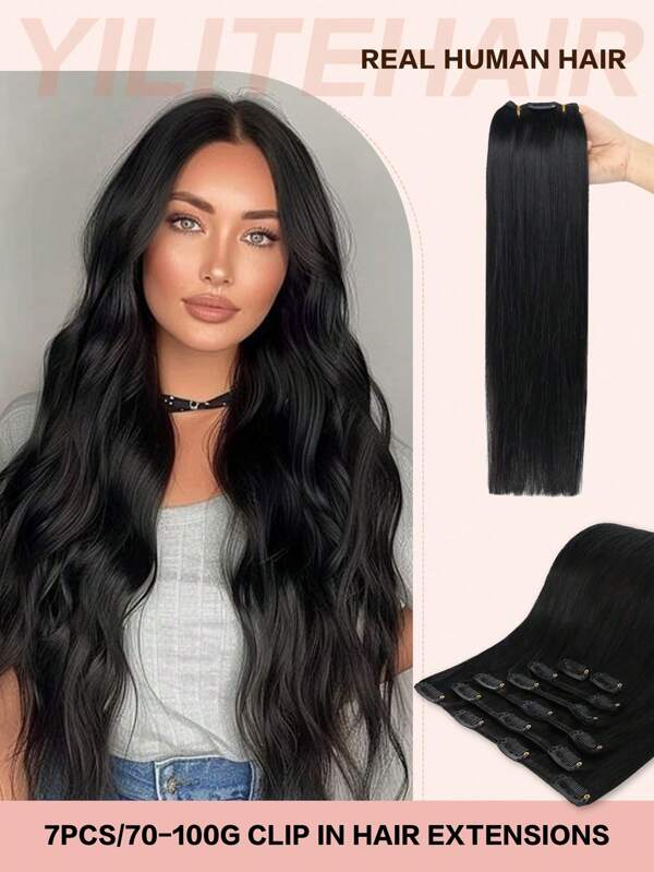 Extensions à clipser, cheveux humains, couleur noir de jais, cheveux humains, lisses, Remy Hair, 14-22 pouces, 35 cm/55 cm, 7 pièces, 70 g-100 g
