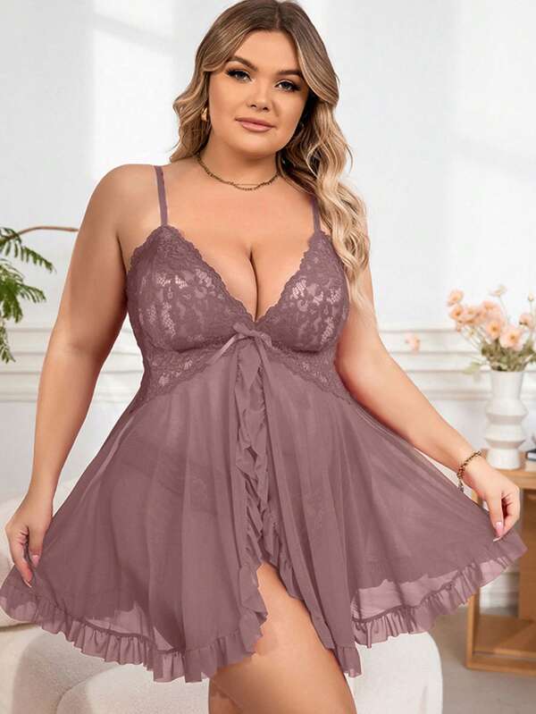 Conjunto de lingerie feminina, camisola plus size e calcinha T, camisola lingerie sexy feita de tecido de rede, camisola com alças, adequada para casa, hotel, dia dos namorados, camisola sexy, lingerie sexy