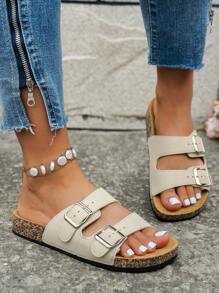 Sandalias de mujer de moda y cómodas - Diseño suave, ligero, de hebilla doble, plano, deslizante, transpirable, adecuado para playa de verano, vacaciones y uso diario