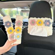 Capa para caixa de lenços de papel floral com 3 peças, suporte para lenços de papel pendurado no encosto do banco do carro em poliéster, protetor de cinto e ombro, decoração de interiores, acessório para veículos