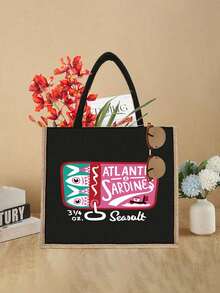 多功能手提包和化妆包，采用沙丁鱼字母图案和帆船图案设计，撞色亚麻零钱包，附赠黑色多用途收纳袋，可用作购物袋、手提包、化妆包，带衬里。