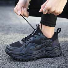 Women's Casual Sports Shoes, Mesh Breathable Reflective Lace-Up Soft Sole Comfortable Thick Sole Anti-Slip Increase Height Retro Chunky Sneakers,Lightweight Low-Top Outdoor Hiking Walking Running Shoes - Black - View 9