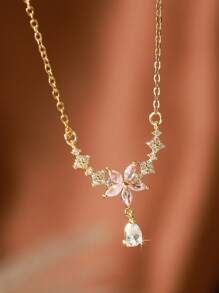 1pc Elegant Copper-Inlaid Zirconia Teardrop & Flower Pendant Necklace, Fashionable & Versatile Choker Necklace, Great Gift For Friends