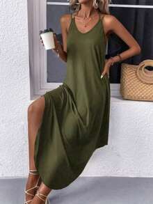 Đầm dài không tay màu trơn, phong cách thanh lịch Châu Âu & Mỹ EARO, thời trang tối giản, thoải mái, thích hợp mặc đi làm, kiểu dáng mới cho mùa xuân/thu, chất liệu dệt kim co giãn cao, thắt eo, ôm sát, có lớp lót thoải mái, thích hợp cho mùa hè. - xanh quân đội - Xem 5