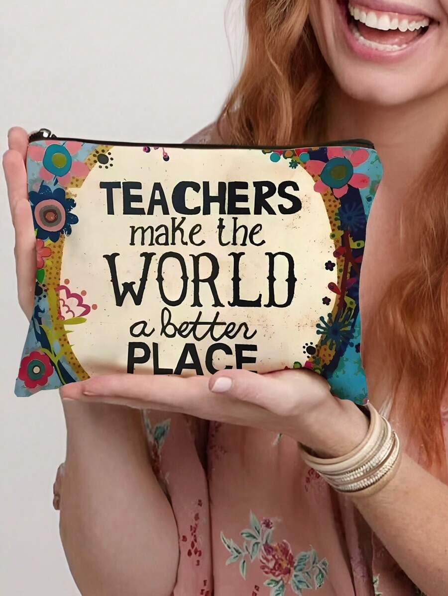 1pc Teacher Gifts, To Best Teacher Ever Letter Print Makeup Bag, Gift Bag Zipper Bag For Travel, Lightweight Storage Bag - Multicolor - View 1